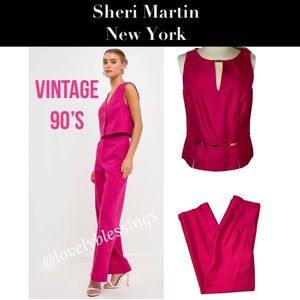 Sheri Martin Hot Pink Formal Blouse & Pant Set Vintage 90’s Silk Pantsuit